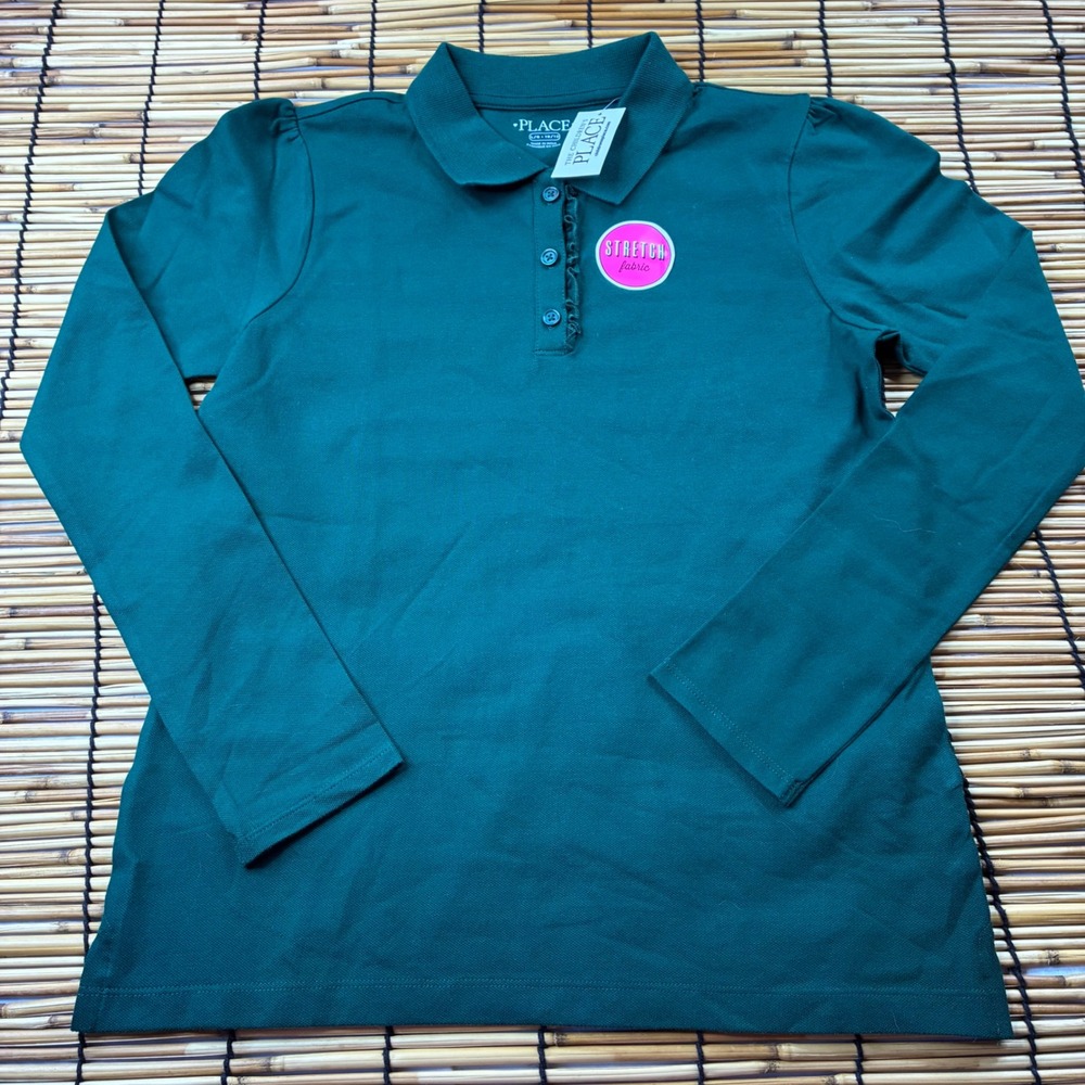 The Childrens Place Girls Green Long Sleeve Ruffle Polo Shirt Size L 10/12 NEW